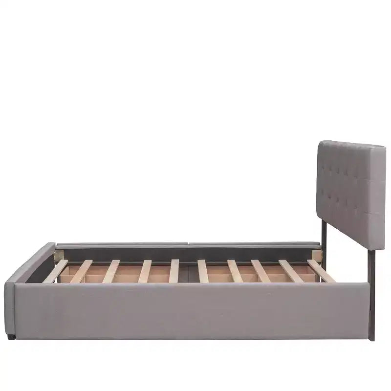 Lit plateforme rembourré Queen Size avec lit gigogne Twin XL, cadre de lit Queen en bois de lin 2 tiroirs pour chambre à coucher