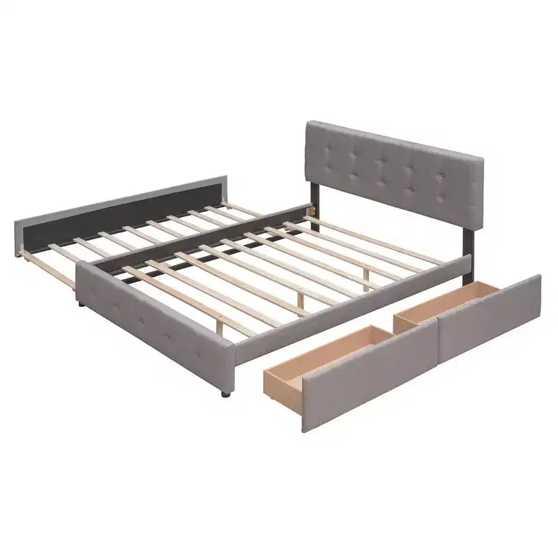 Lit plateforme rembourré Queen Size avec lit gigogne Twin XL, cadre de lit Queen en bois de lin 2 tiroirs pour chambre à coucher