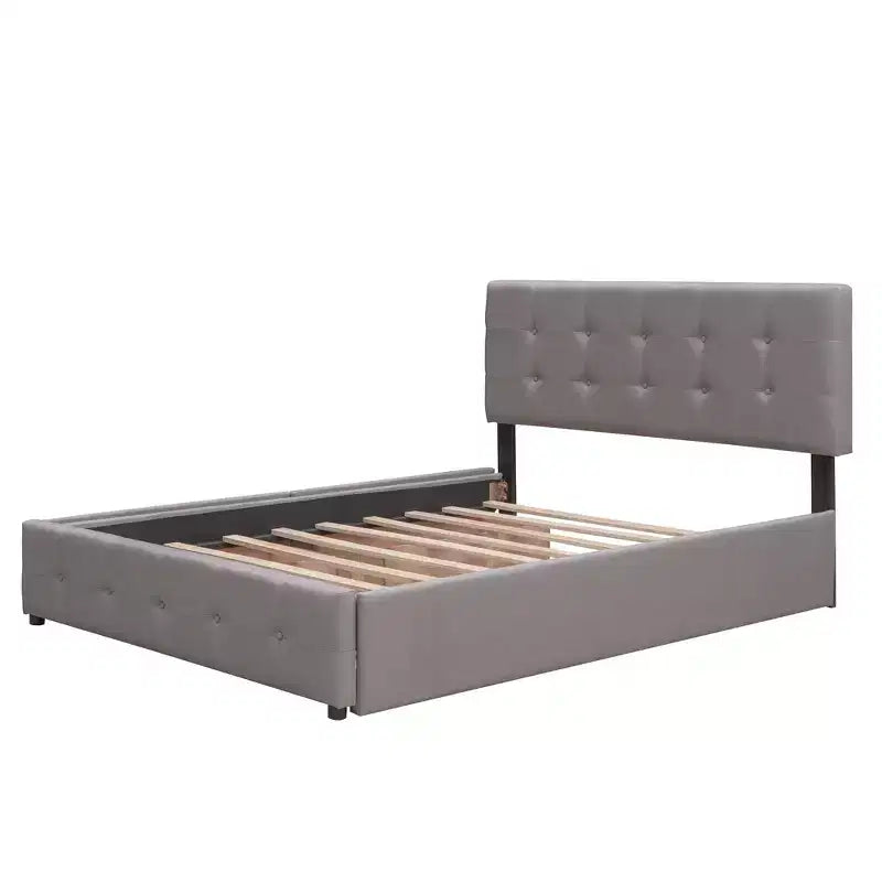 Lit plateforme rembourré Queen Size avec lit gigogne Twin XL, cadre de lit Queen en bois de lin 2 tiroirs pour chambre à coucher