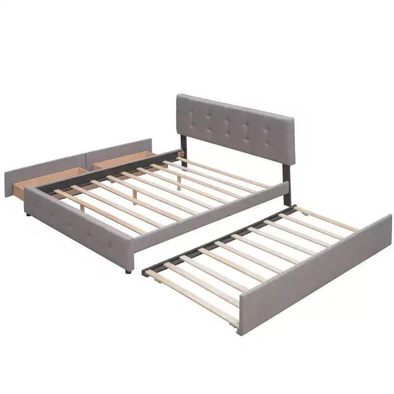 Lit plateforme rembourré Queen Size avec lit gigogne Twin XL, cadre de lit Queen en bois de lin 2 tiroirs pour chambre à coucher