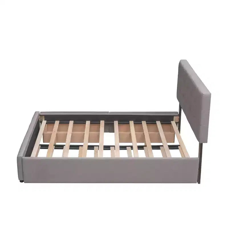Lit plateforme rembourré Queen Size avec lit gigogne Twin XL, cadre de lit Queen en bois de lin 2 tiroirs pour chambre à coucher