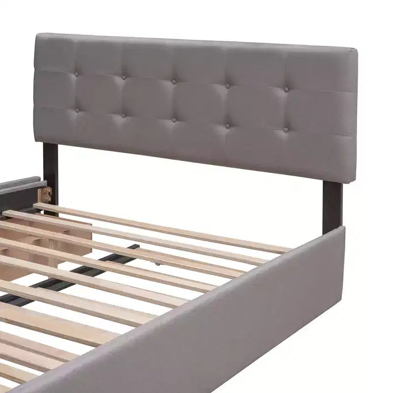 Lit plateforme rembourré Queen Size avec lit gigogne Twin XL, cadre de lit Queen en bois de lin 2 tiroirs pour chambre à coucher