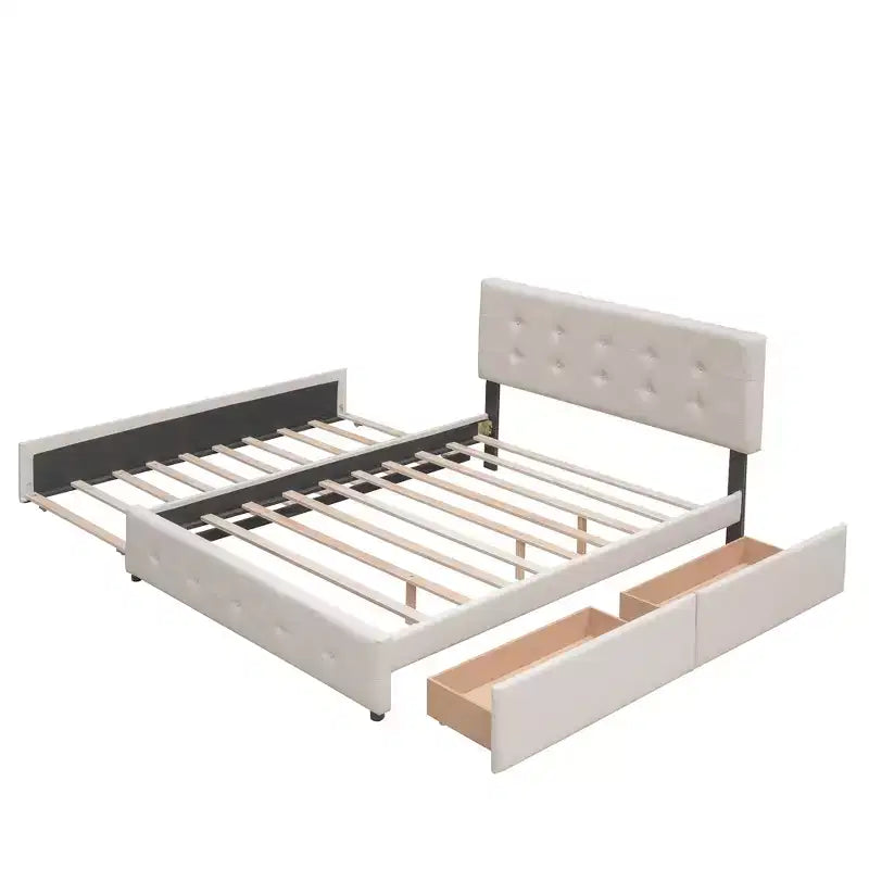 Lit plateforme rembourré Queen Size avec lit gigogne Twin XL, cadre de lit Queen en bois de lin 2 tiroirs pour chambre à coucher