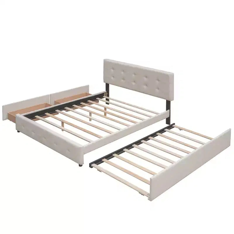 Lit plateforme rembourré Queen Size avec lit gigogne Twin XL, cadre de lit Queen en bois de lin 2 tiroirs pour chambre à coucher