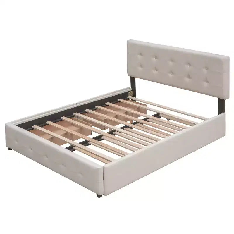 Lit plateforme rembourré Queen Size avec lit gigogne Twin XL, cadre de lit Queen en bois de lin 2 tiroirs pour chambre à coucher
