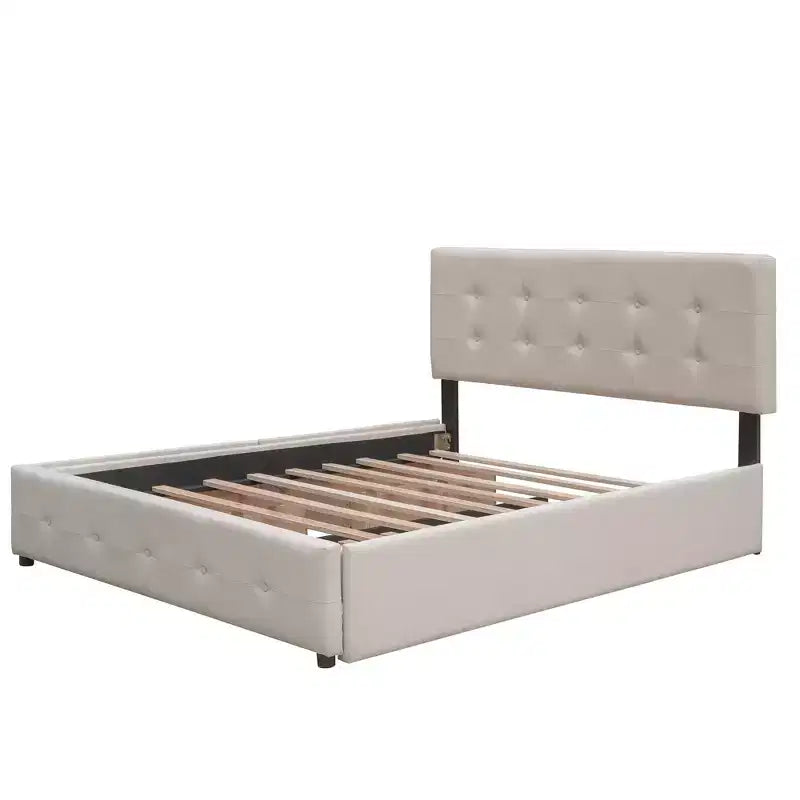 Lit plateforme rembourré Queen Size avec lit gigogne Twin XL, cadre de lit Queen en bois de lin 2 tiroirs pour chambre à coucher