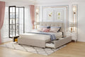 Queen Size Upholstered Platform Bed with Twin XL Trundle, Linen Queen Wooden Bed Frame 2 Drawers for Bedroom