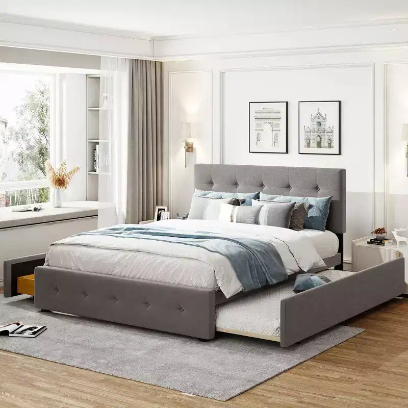 Lit plateforme rembourré Queen Size avec lit gigogne Twin XL, cadre de lit Queen en bois de lin 2 tiroirs pour chambre à coucher