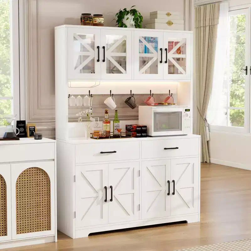 Kitchen Pantry Cabinet with Smart Bluetooth RGB Lights & Door Storage Racks, 71 Tall Coffee Bar Hutch with Power Outlet