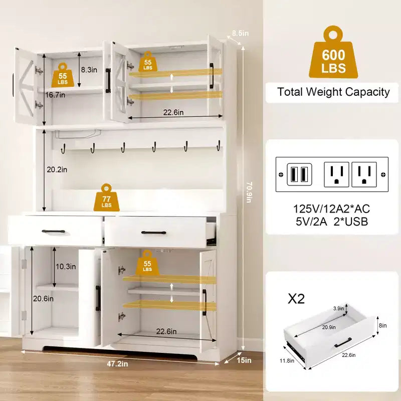 Meuble de cuisine de 180 cm avec éclairage RVB intelligent Bluetooth, étagères de rangement de porte et prise de courant