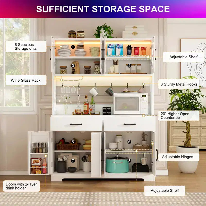 Meuble de cuisine de 180 cm avec éclairage RVB intelligent Bluetooth, étagères de rangement de porte et prise de courant