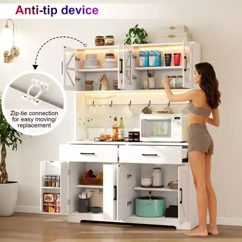 Meuble de cuisine de 180 cm avec éclairage RVB intelligent Bluetooth, étagères de rangement de porte et prise de courant