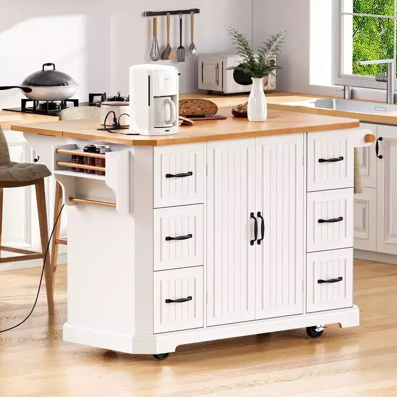 Dessertes de cuisine roulantes avec abattant et prise électrique – Bois d'hévéa, Tiroirs, Roulettes