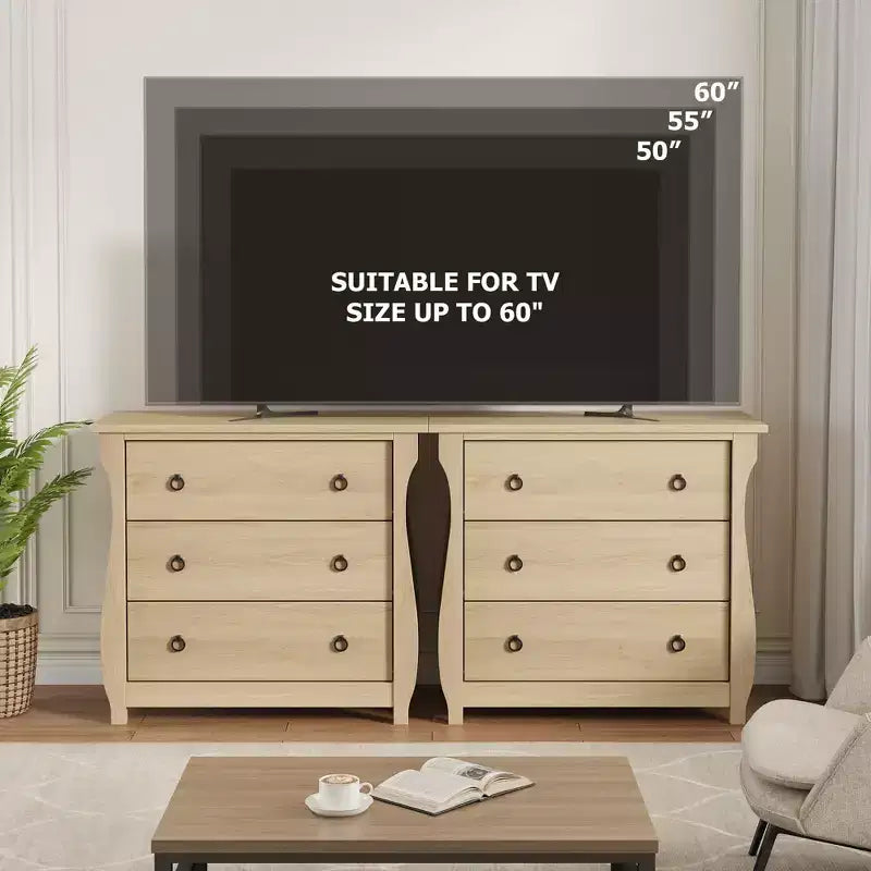 Commode bohème 3 tiroirs avec pieds incurvés et accents en rotin - Armoire de rangement autonome pour chambre à coucher, salon, entrée ou balcon