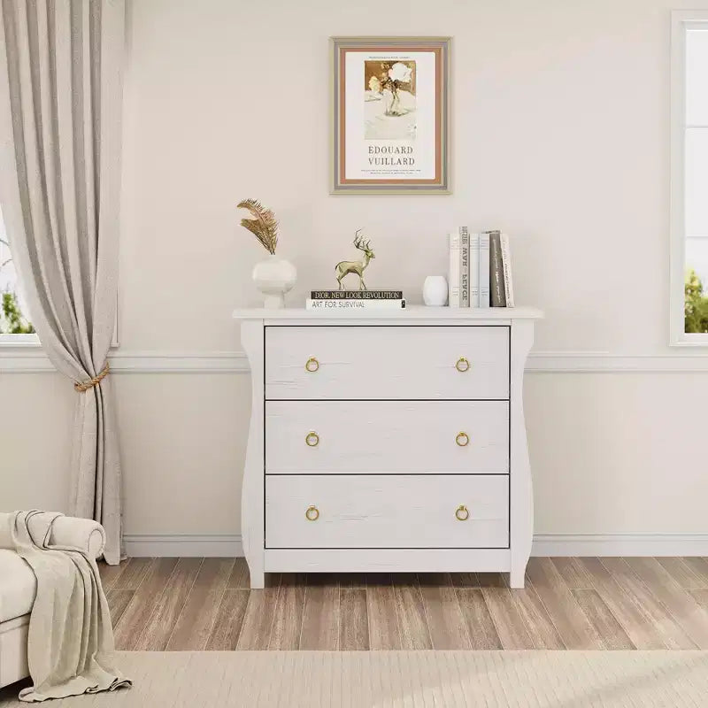 3-Drawer Boho Dresser with Curved Legs & Rattan Accents - Freestanding Storage Cabinet for Bedroom, Living Room, Entryway, or Balcony