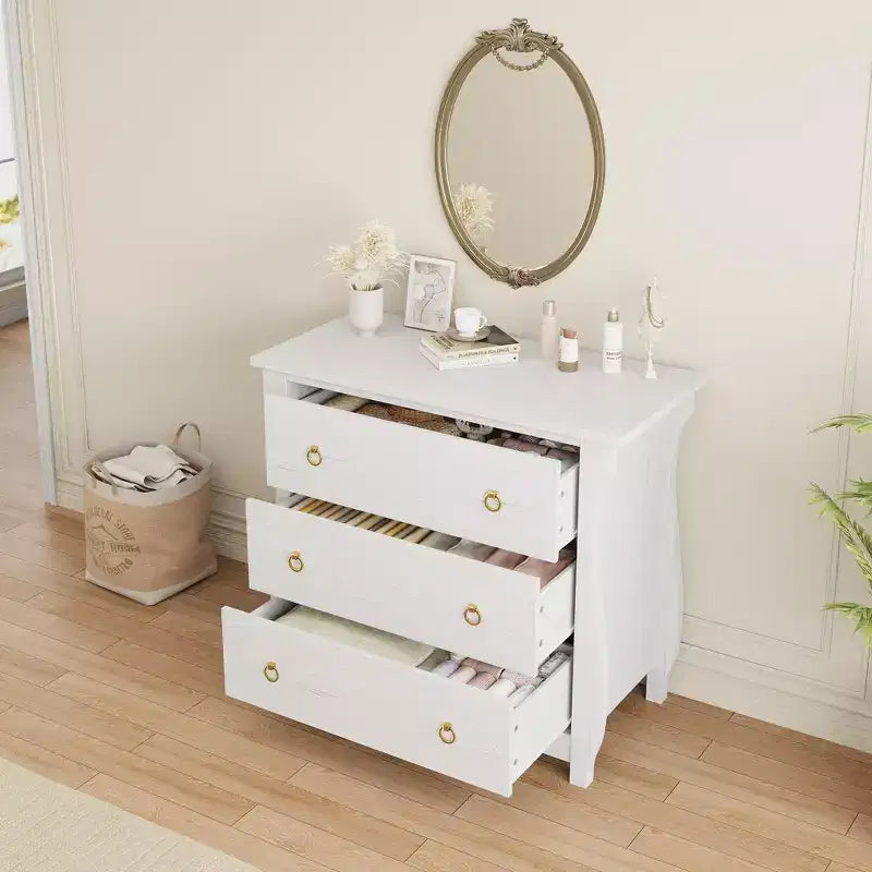 3-Drawer Boho Dresser with Curved Legs & Rattan Accents - Freestanding Storage Cabinet for Bedroom, Living Room, Entryway, or Balcony