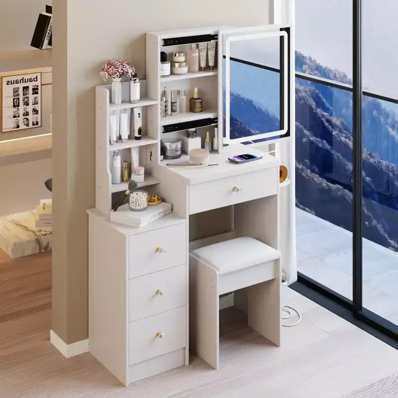 29.2" Makeup Vanity Table with Cushioned Stool, Hair Dryer Stand & Power Station