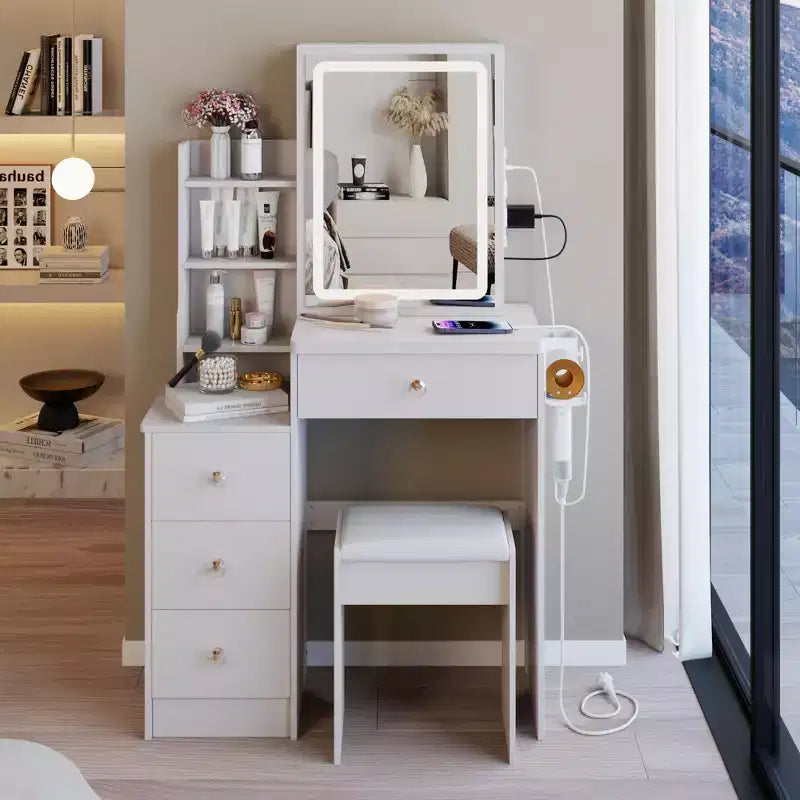 Table de toilette de 74,2 cm avec tabouret rembourré, support pour sèche-cheveux et station d'alimentation