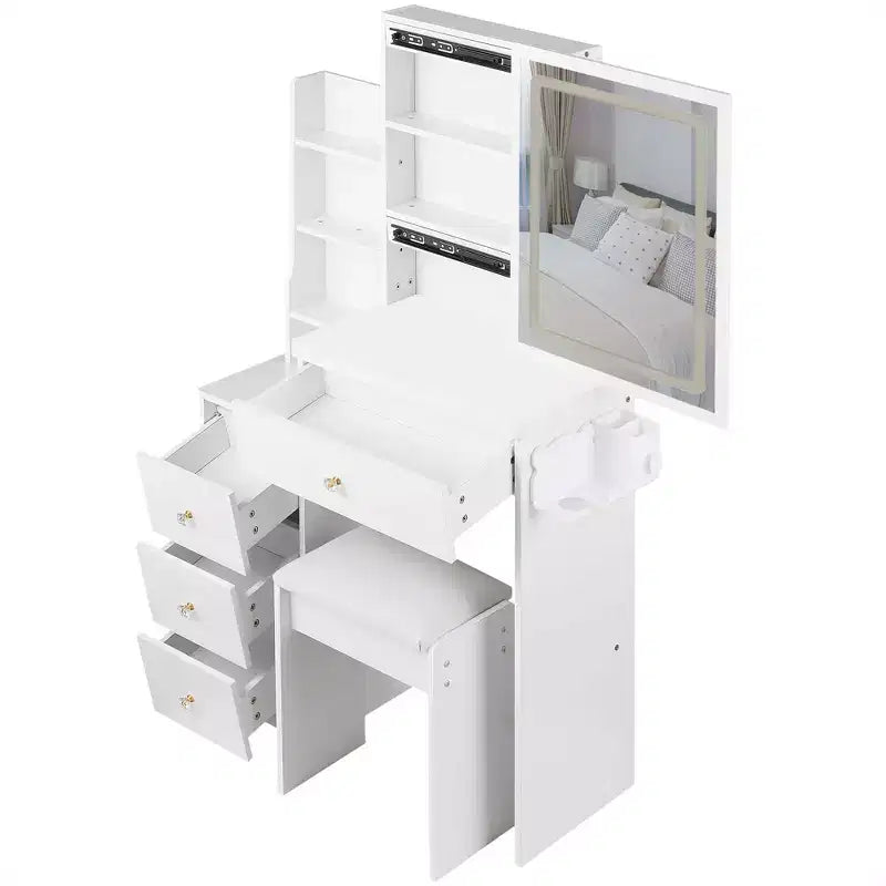 Table de toilette de 74,2 cm avec tabouret rembourré, support pour sèche-cheveux et station d'alimentation