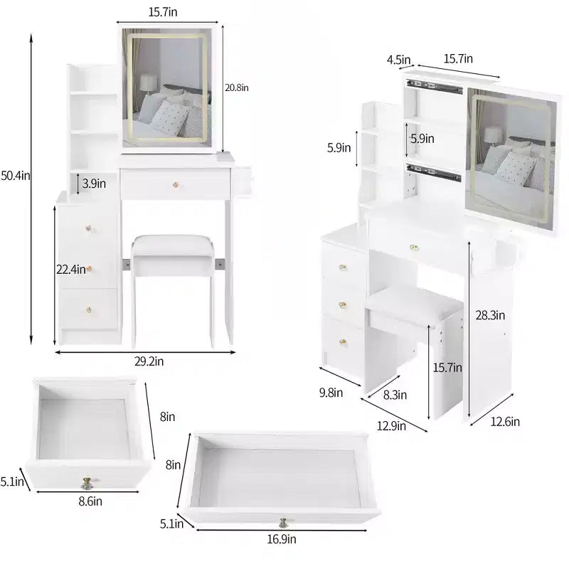 Table de toilette de 74,2 cm avec tabouret rembourré, support pour sèche-cheveux et station d'alimentation