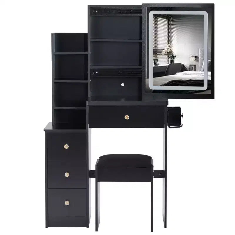 Table de toilette de 74,2 cm avec tabouret rembourré, support pour sèche-cheveux et station d'alimentation
