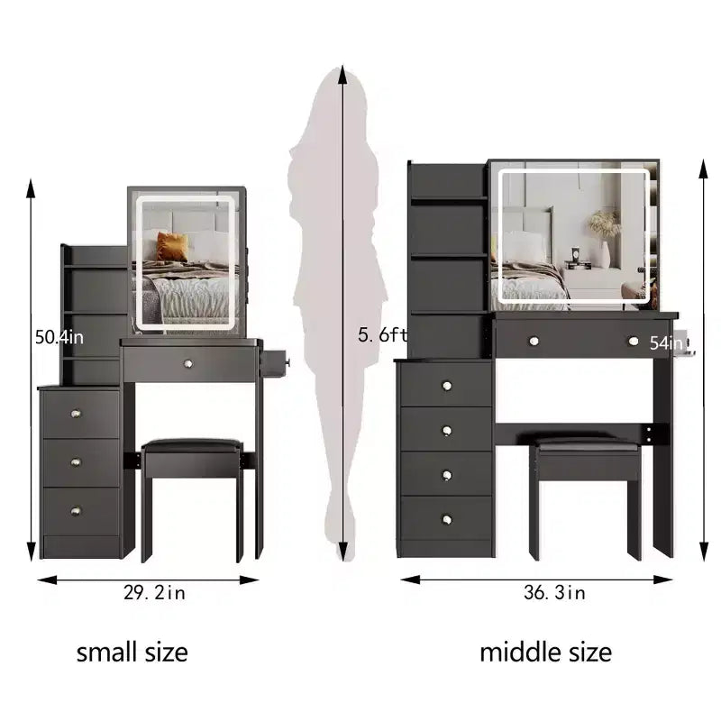 Table de toilette de 74,2 cm avec tabouret rembourré, support pour sèche-cheveux et station d'alimentation