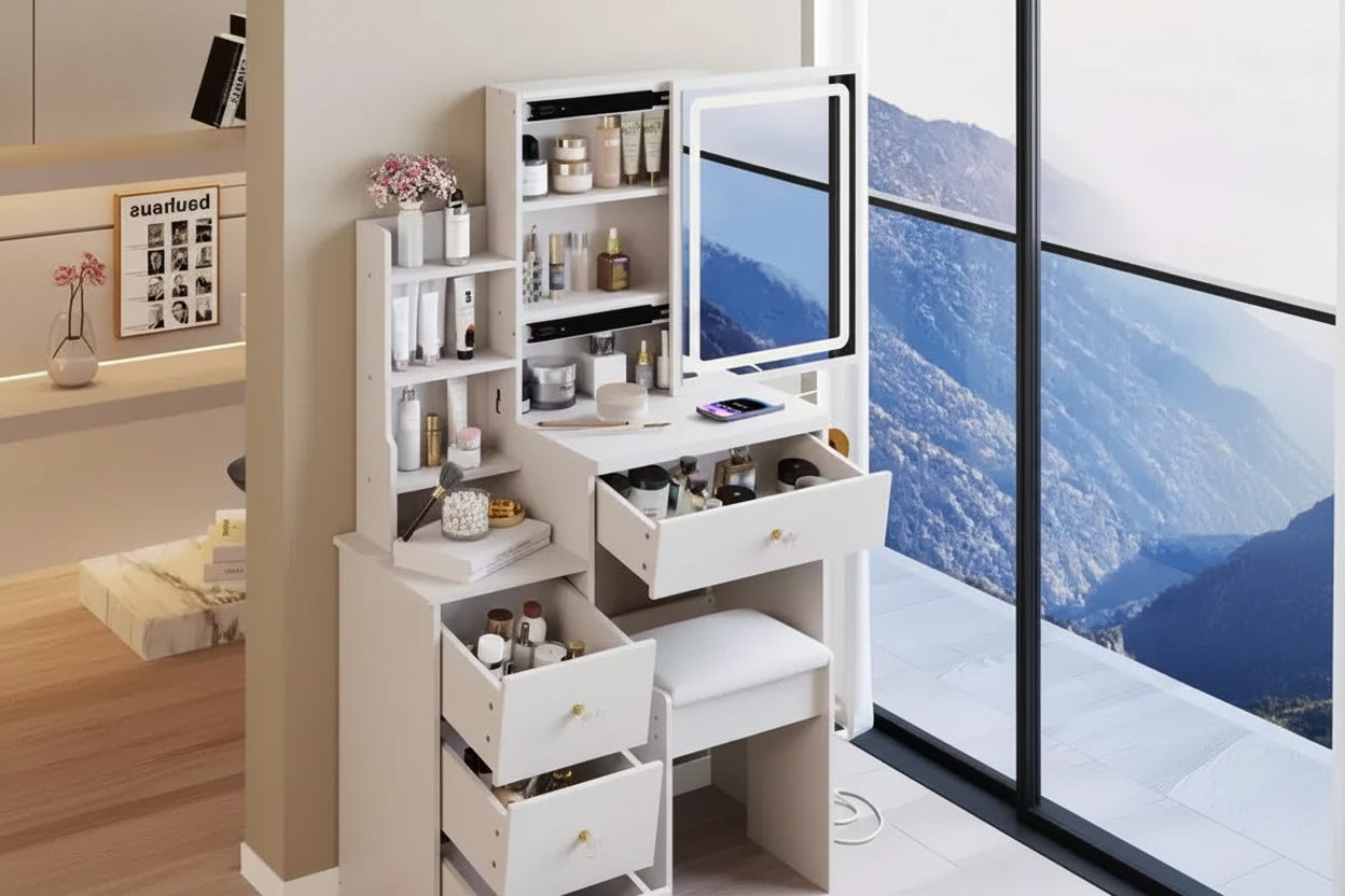 29.2" Makeup Vanity Table with Cushioned Stool, Hair Dryer Stand & Power Station