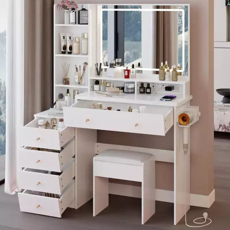 Coiffeuse de maquillage de 104 cm avec tabouret rembourré, support pour sèche-cheveux et station d'alimentation