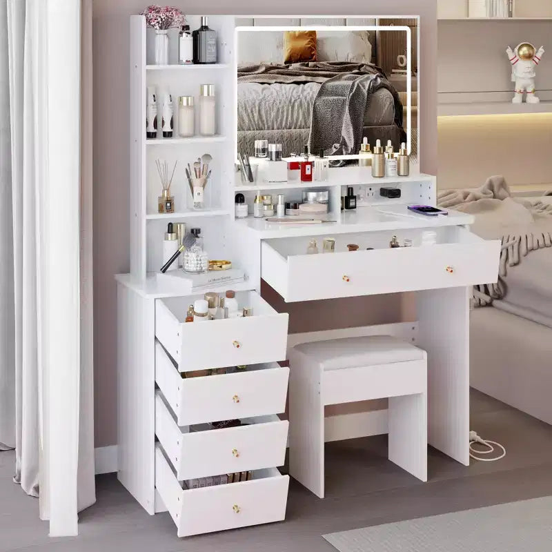 Coiffeuse de maquillage de 104 cm avec tabouret rembourré, support pour sèche-cheveux et station d'alimentation