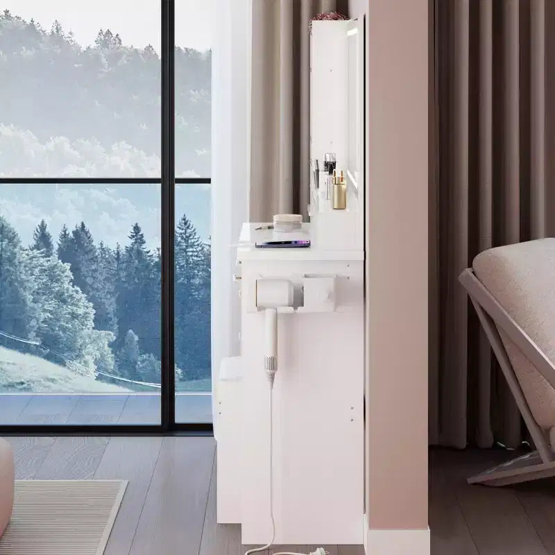 Coiffeuse de maquillage de 104 cm avec tabouret rembourré, support pour sèche-cheveux et station d'alimentation