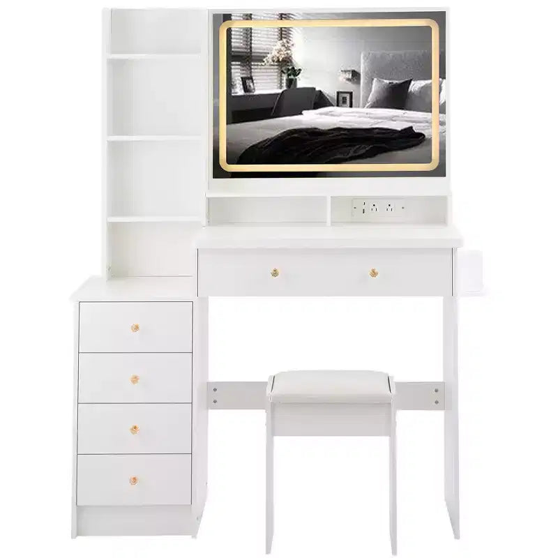 Coiffeuse de maquillage de 104 cm avec tabouret rembourré, support pour sèche-cheveux et station d'alimentation