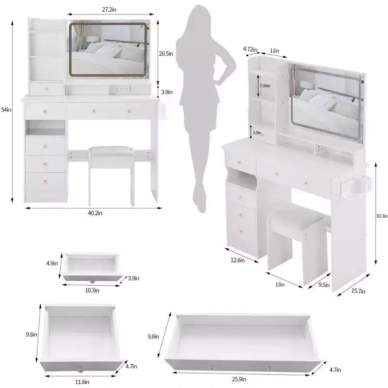 Coiffeuse de maquillage de 104 cm avec tabouret rembourré, support pour sèche-cheveux et station d'alimentation