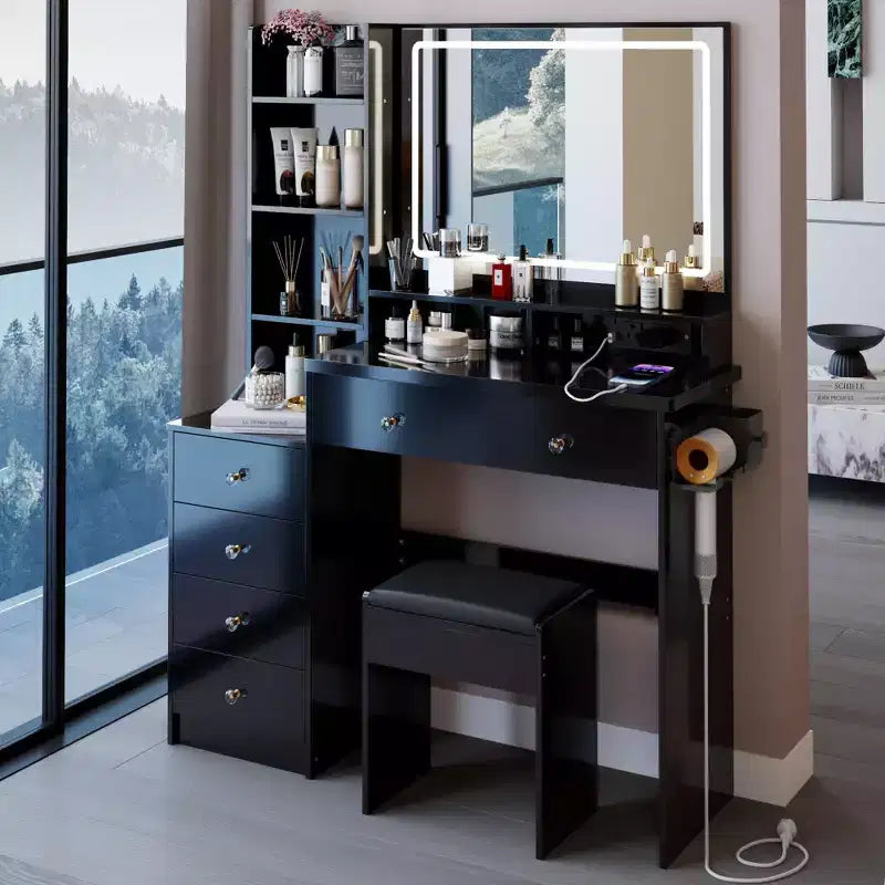 Coiffeuse de maquillage de 104 cm avec tabouret rembourré, support pour sèche-cheveux et station d'alimentation