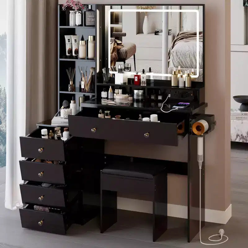 Coiffeuse de maquillage de 104 cm avec tabouret rembourré, support pour sèche-cheveux et station d'alimentation