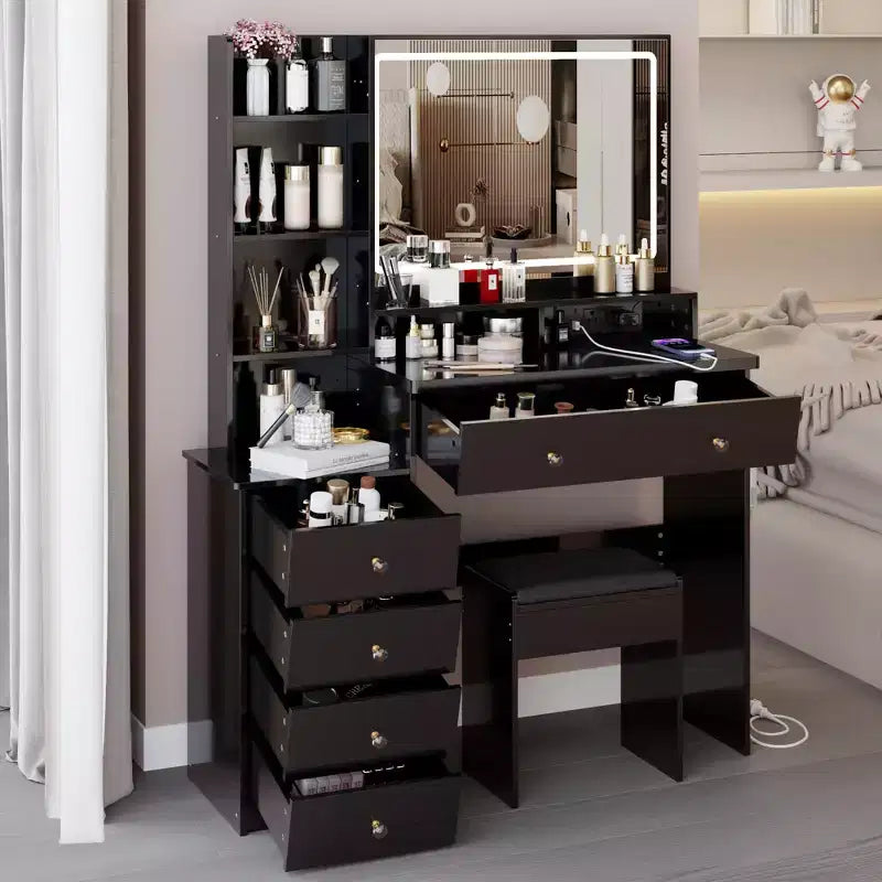 Coiffeuse de maquillage de 104 cm avec tabouret rembourré, support pour sèche-cheveux et station d'alimentation