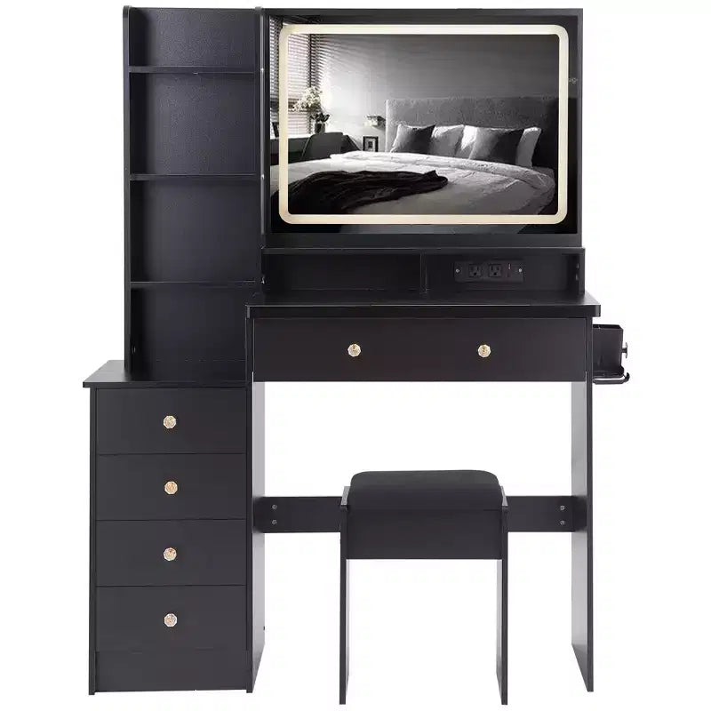 Coiffeuse de maquillage de 104 cm avec tabouret rembourré, support pour sèche-cheveux et station d'alimentation