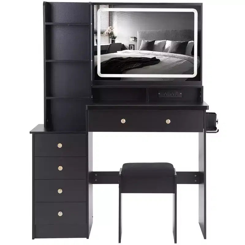 Coiffeuse de maquillage de 104 cm avec tabouret rembourré, support pour sèche-cheveux et station d'alimentation