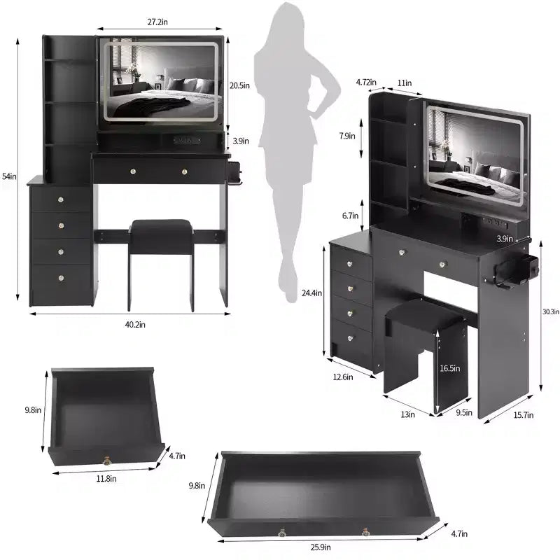 Coiffeuse de maquillage de 104 cm avec tabouret rembourré, support pour sèche-cheveux et station d'alimentation