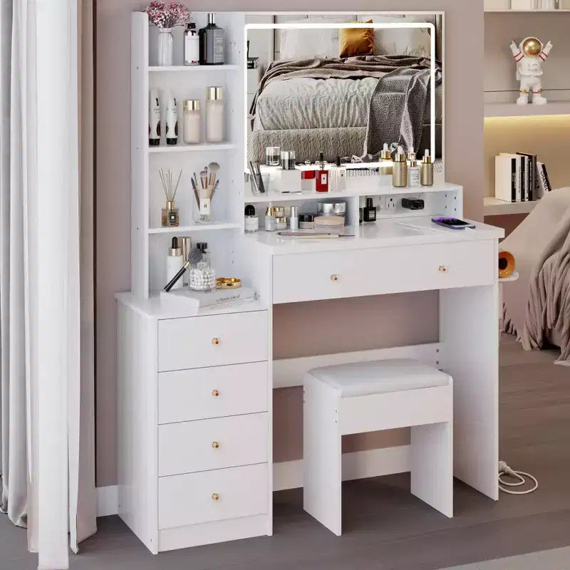Coiffeuse de maquillage de 104 cm avec tabouret rembourré, support pour sèche-cheveux et station d'alimentation
