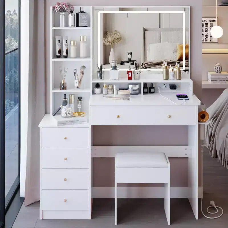Coiffeuse de maquillage de 104 cm avec tabouret rembourré, support pour sèche-cheveux et station d'alimentation