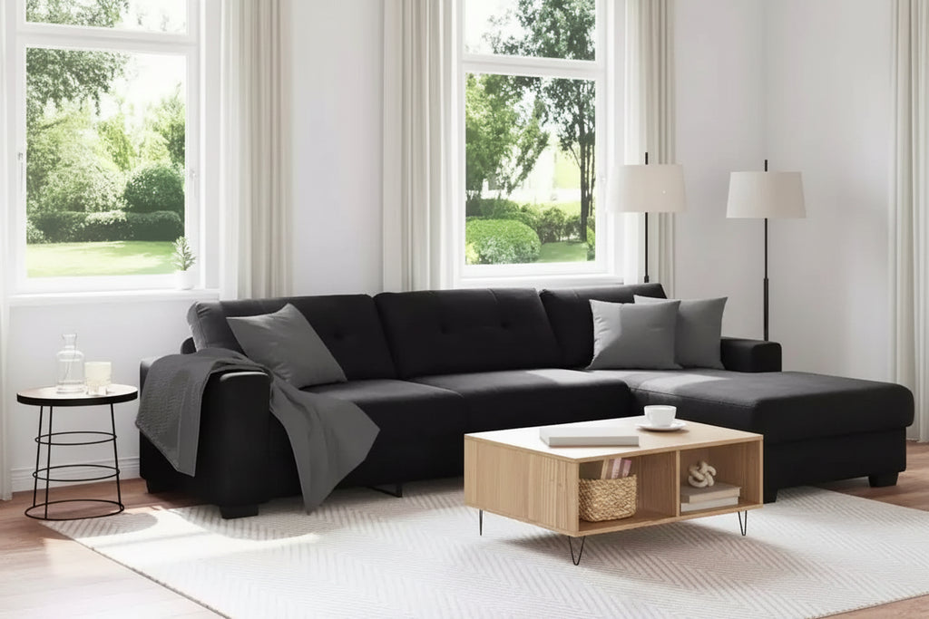 Canapé 3 places en velours – Noir, 180 cm de large, coussins en mousse moelleuse, style moderne