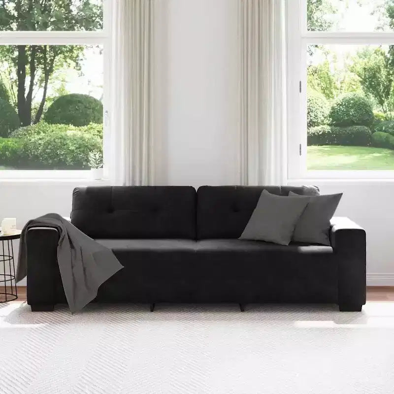 Canapé 3 places en velours – Noir, 180 cm de large, coussins en mousse moelleuse, style moderne