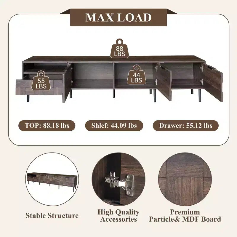 Meuble TV moderne du milieu du siècle de 198 cm – Portes texturées à damier, Noyer, Compatible avec un téléviseur jusqu'à 85 po