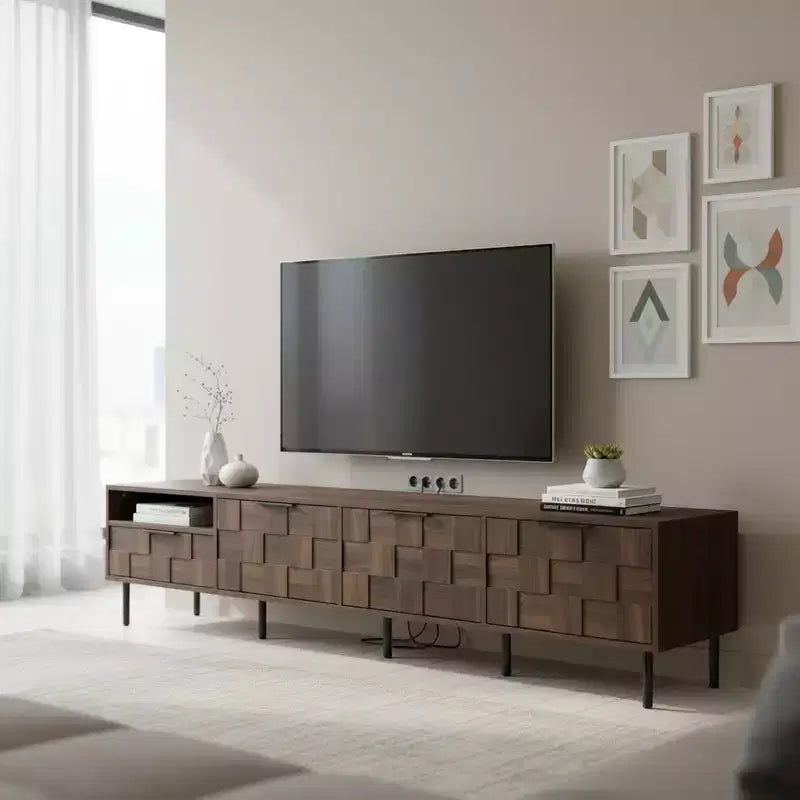 Meuble TV moderne du milieu du siècle de 198 cm – Portes texturées à damier, Noyer, Compatible avec un téléviseur jusqu'à 85 po