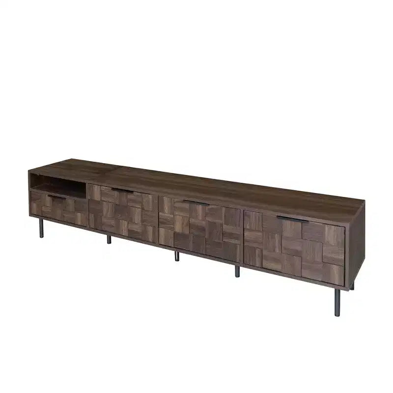 Meuble TV moderne du milieu du siècle de 198 cm – Portes texturées à damier, Noyer, Compatible avec un téléviseur jusqu'à 85 po