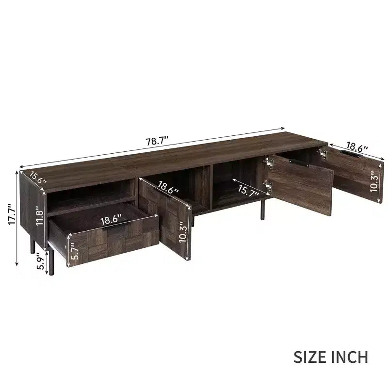 Meuble TV moderne du milieu du siècle de 198 cm – Portes texturées à damier, Noyer, Compatible avec un téléviseur jusqu'à 85 po