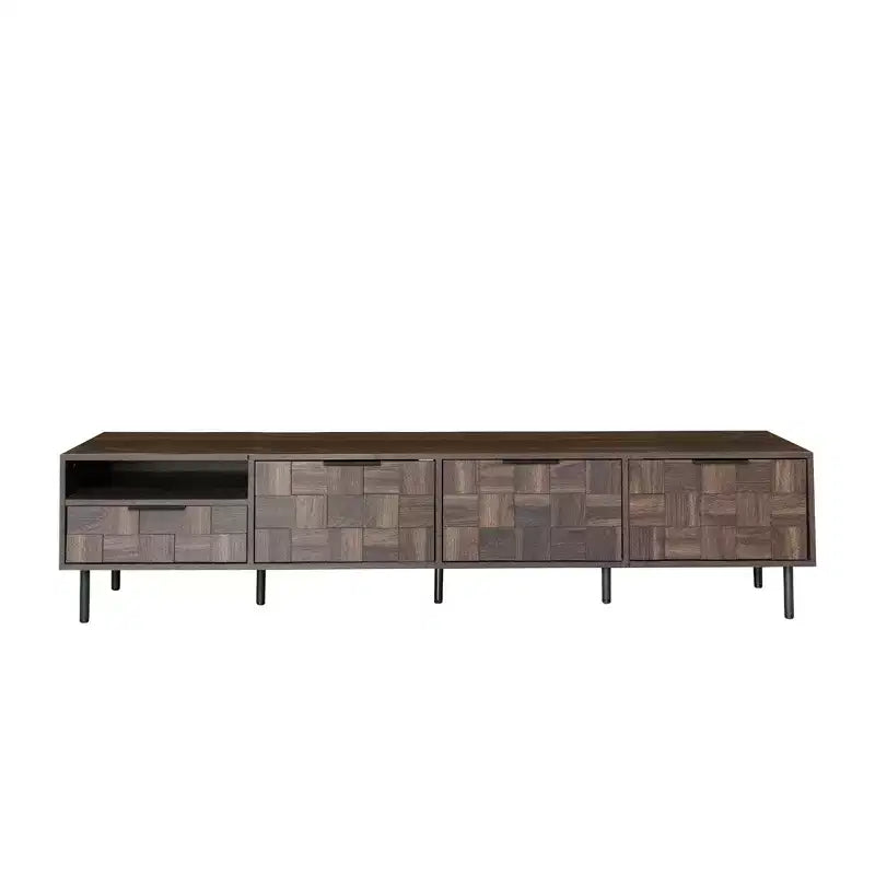Meuble TV moderne du milieu du siècle de 198 cm – Portes texturées à damier, Noyer, Compatible avec un téléviseur jusqu'à 85 po