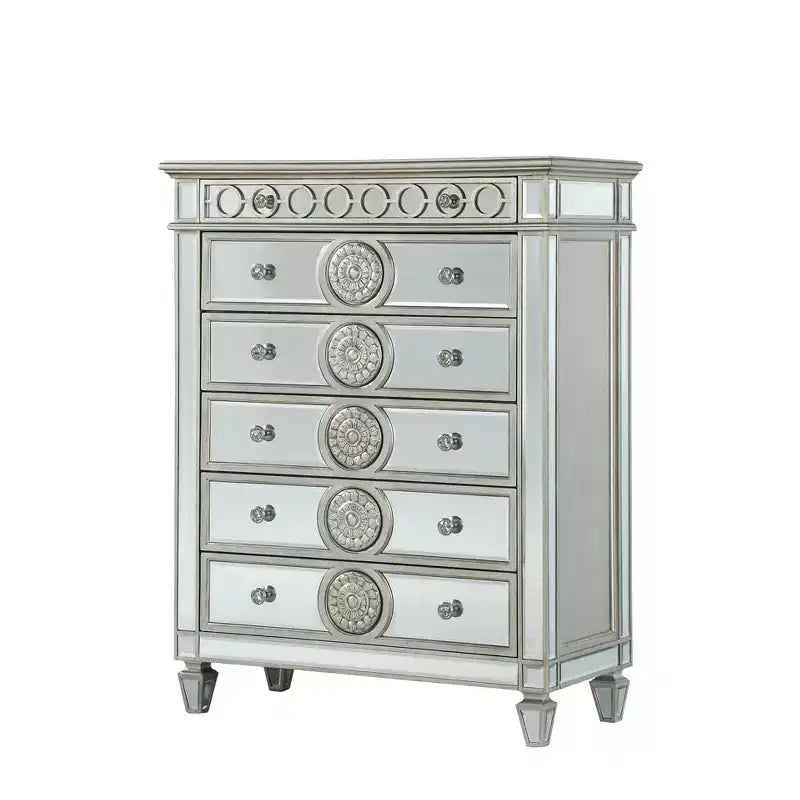 44" Varian Chest Mirrored - Acme Furniture: Glam Bedroom Storage, 5 Drawers, Silver Trim