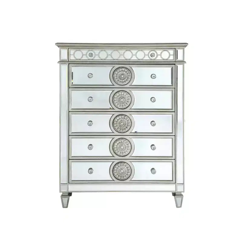 Commode de tiroirs miroir glamour avec garniture argentée – Rangement de chambre à coucher à 5 tiroirs