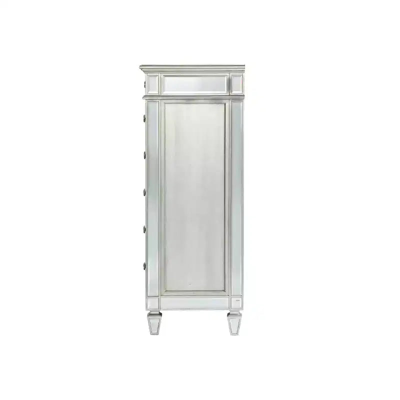 Commode de tiroirs miroir glamour avec garniture argentée – Rangement de chambre à coucher à 5 tiroirs
